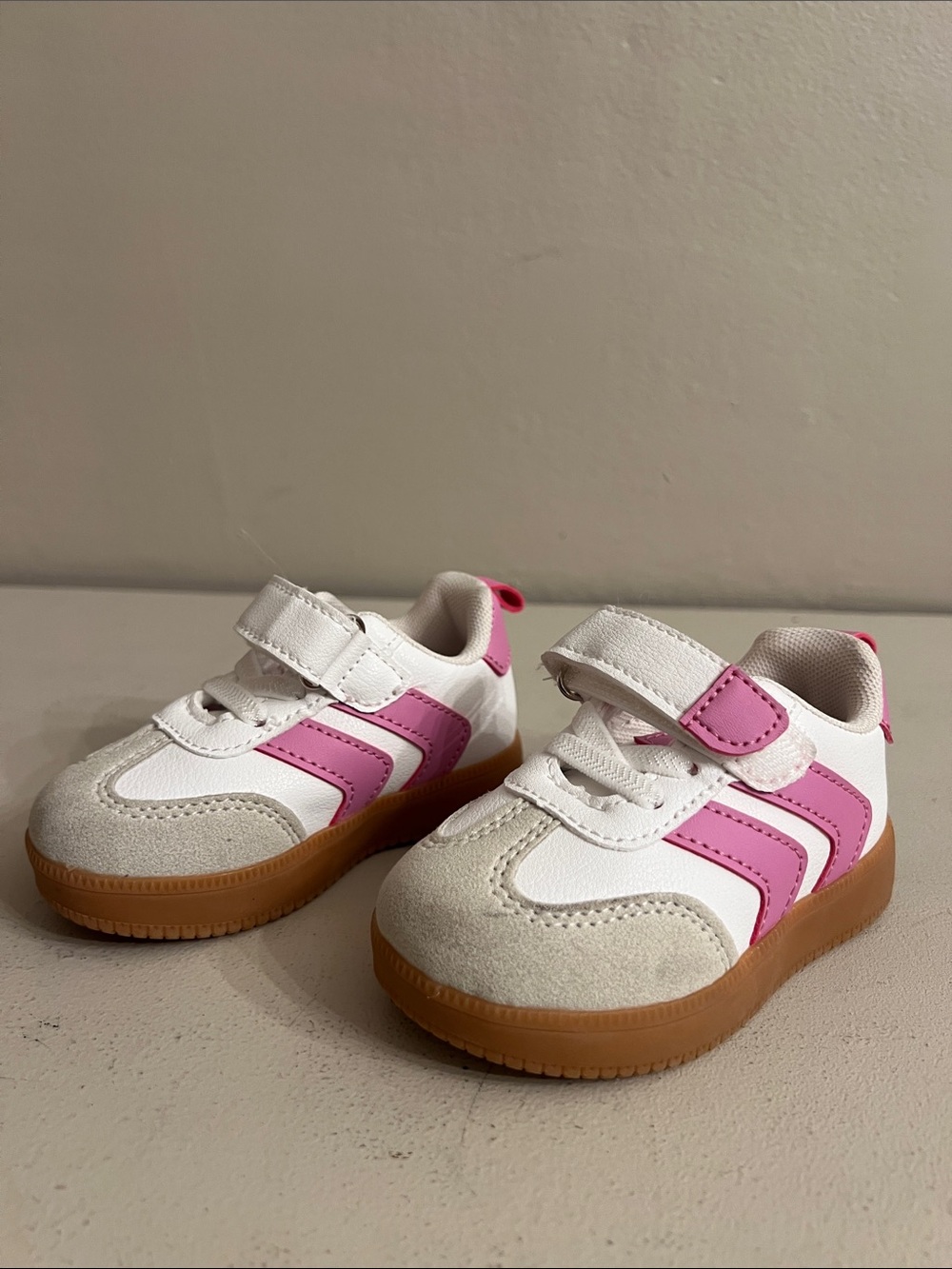 Kids White and Pink Velcro Athletic Sneakers